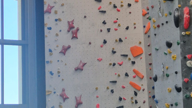 Blick aus dem Bistro an die Innen-Kletterwand